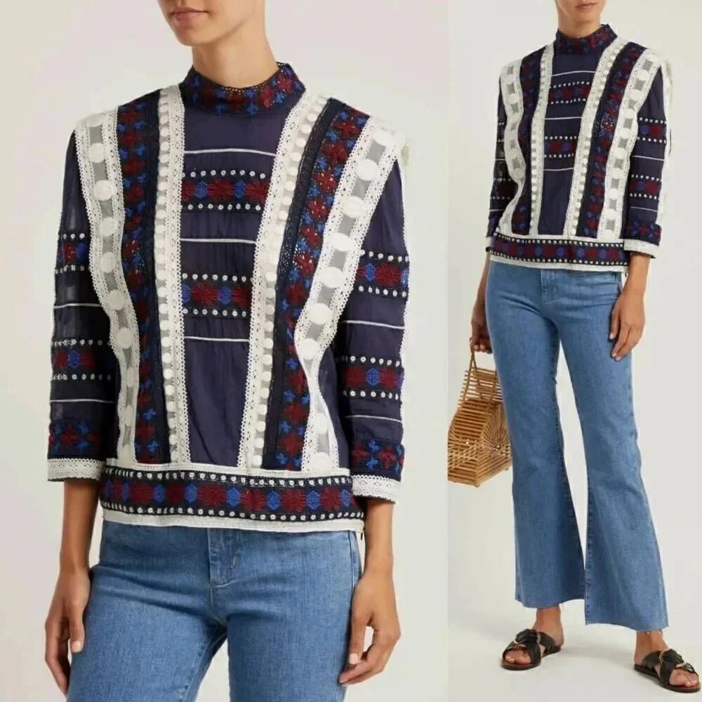 Sea NY Ila lace 3/4 sleeve top | blue multi sz 0 $365